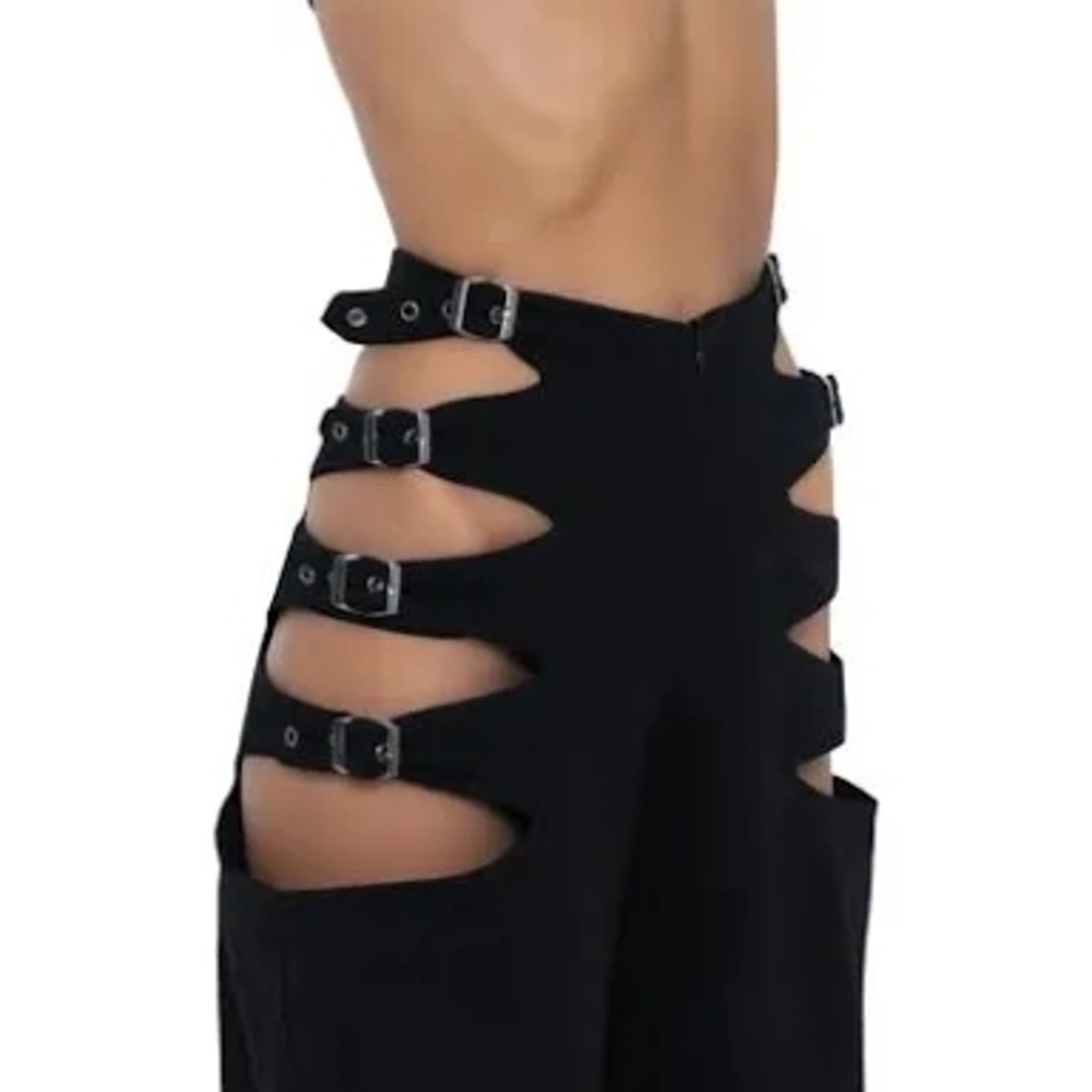 DEFI Edgy Black Women's Wide Leg Pants with Cut-Outs - Picture 2 of 3